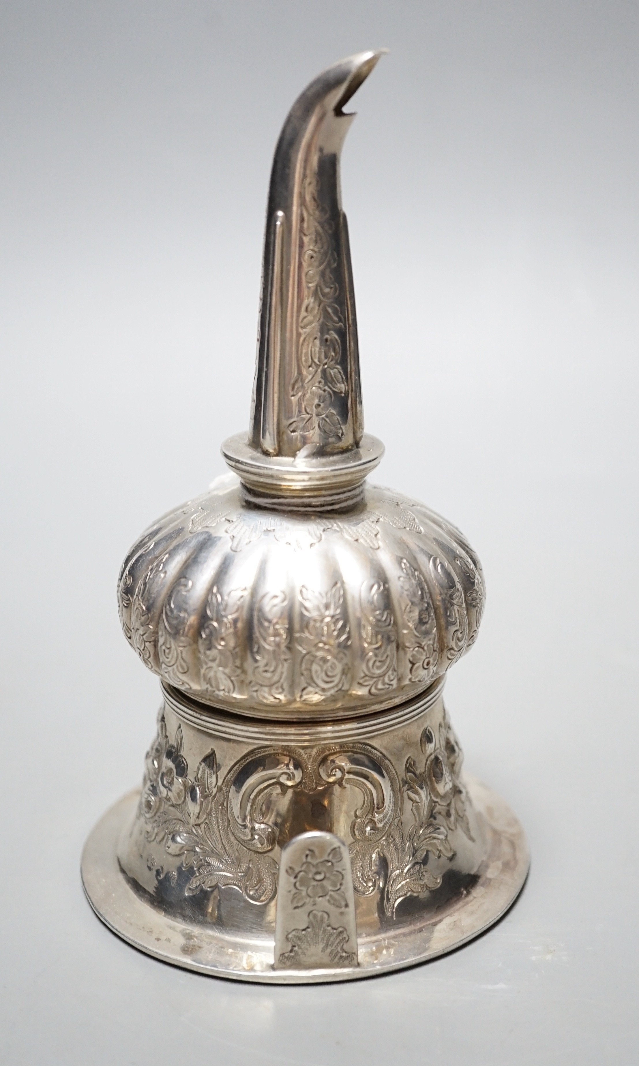 A George III silver wine funnel, with later? embossed and engraved decoration, John Watson & Son, Sheffield, 1817, 15.6cm.